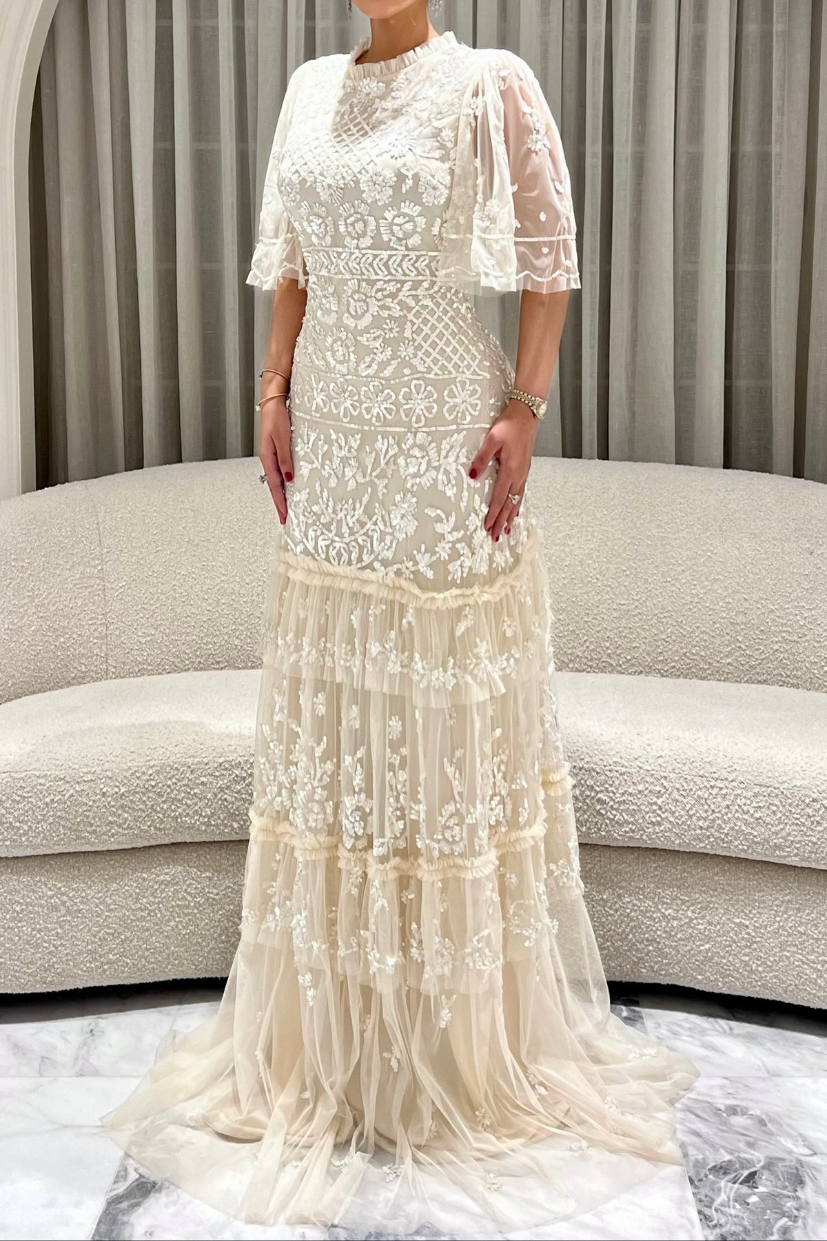 Embroidered Tiered Gown with Flutter Sleeves