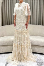 Embroidered Tiered Gown with Flutter Sleeves