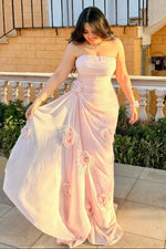 Strapless Ruched Evening Gown with 3D Flowers