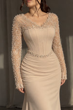 Corset Mermaid Gown with Sheer Beaded Sleeves