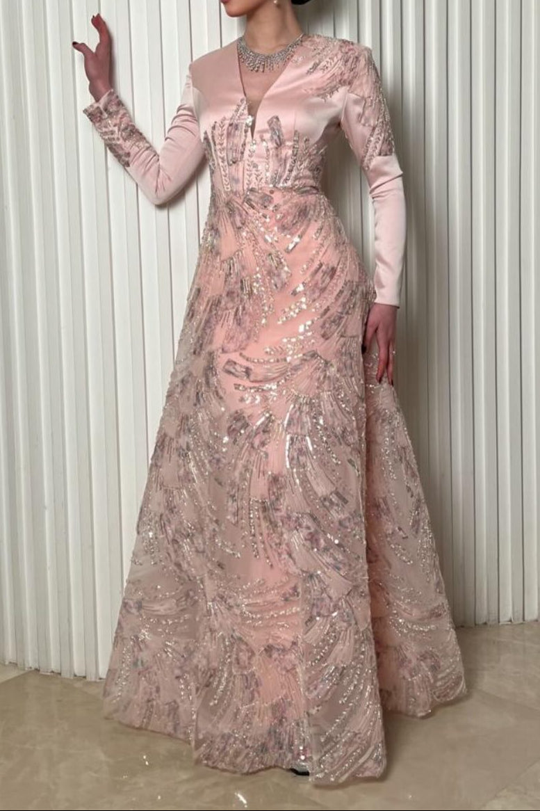 V-Neck Long Sleeve Sequin A-Line Gown