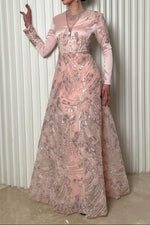 V-Neck Long Sleeve Sequin A-Line Gown