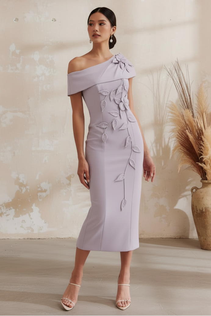 Elegant One Shoulder 3D Floral Midi Dress