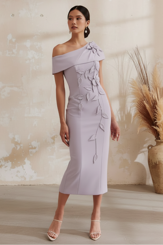 Elegant One Shoulder 3D Floral Midi Dress