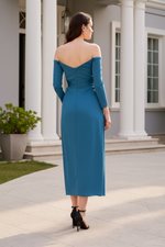 Off the Shoulder Long Sleeve Tea Length Dress