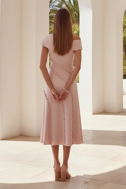Off-Shoulder Ruffle Trim Midi Dress