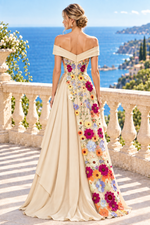Off-Shoulder Floral Applique Draped Evening Gown