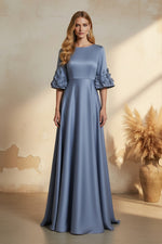 Satin A-Line Evening Gown with 3D Floral Bell Sleeves