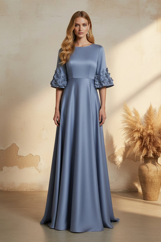 Satin A-Line Evening Gown with 3D Floral Bell Sleeves