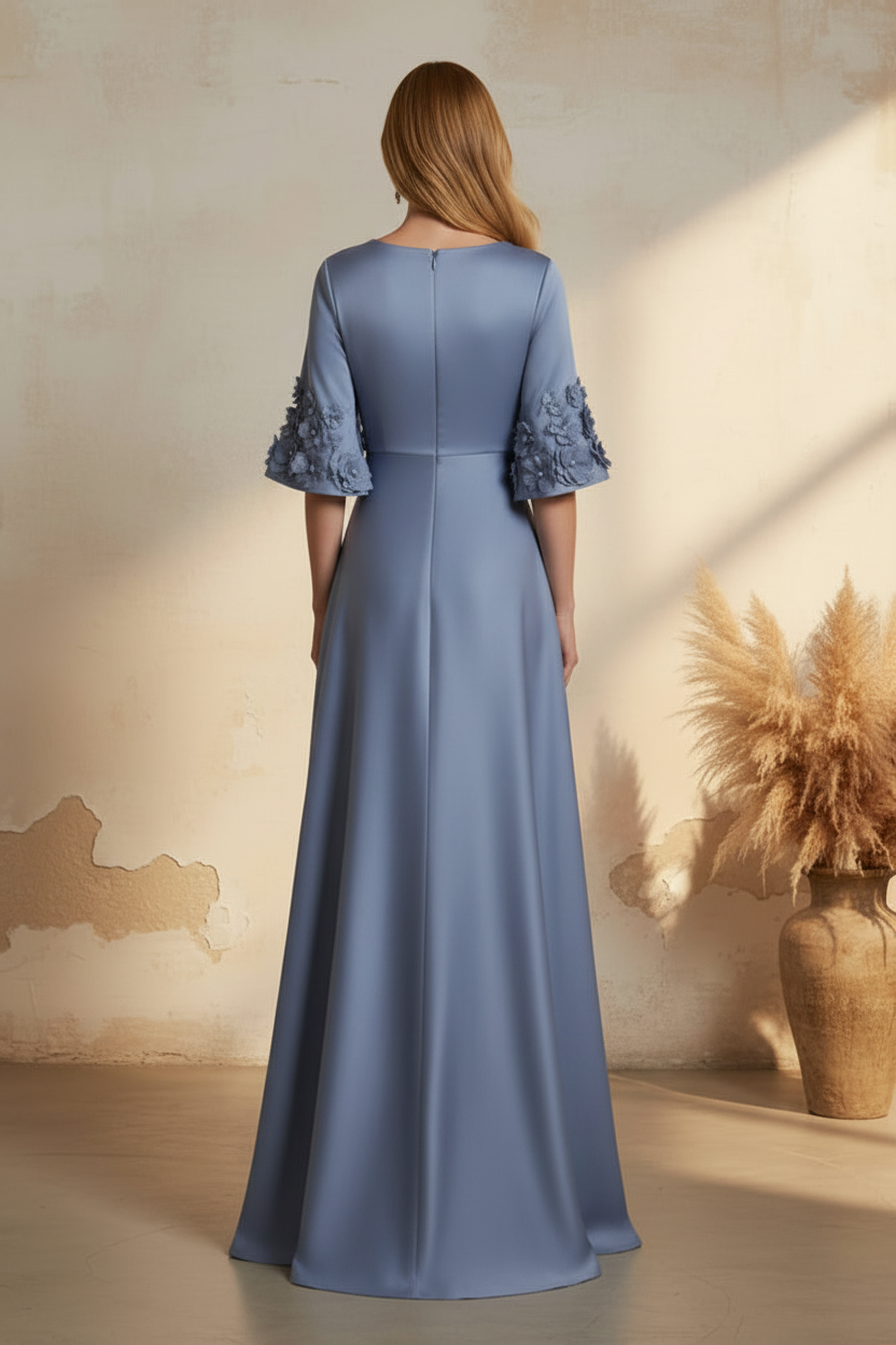 Satin A-Line Evening Gown with 3D Floral Bell Sleeves