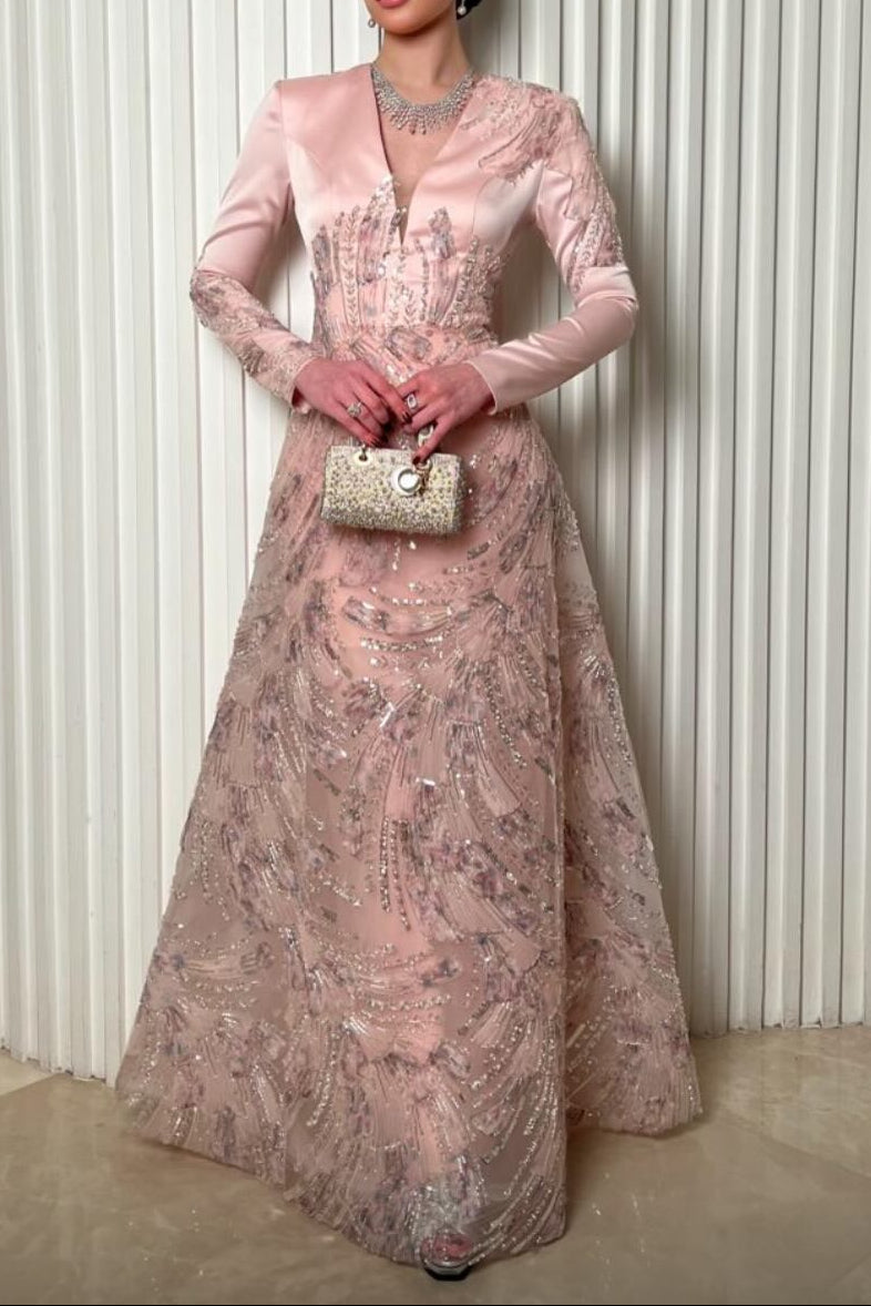 V-Neck Long Sleeve Sequin A-Line Gown