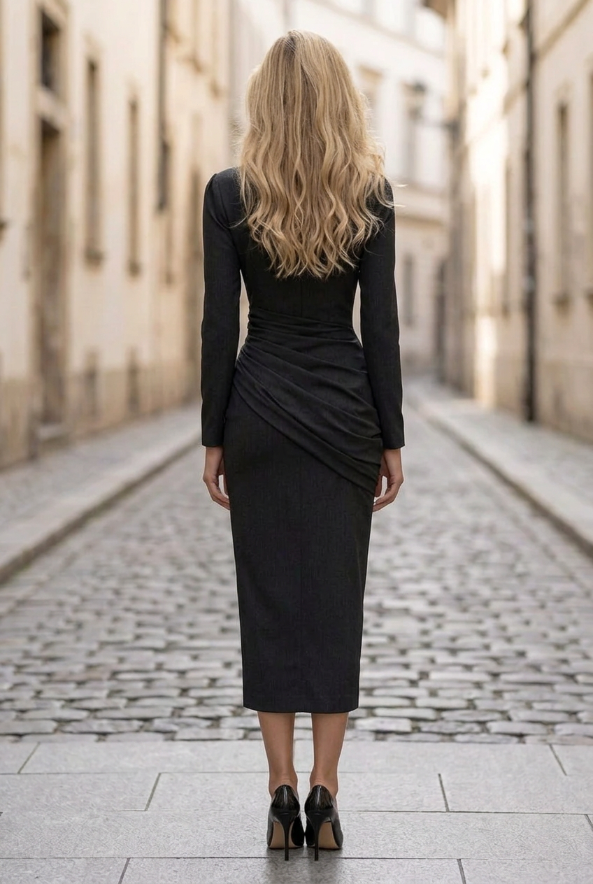 Long-Sleeve Midi Sheath Dress with Side Draping