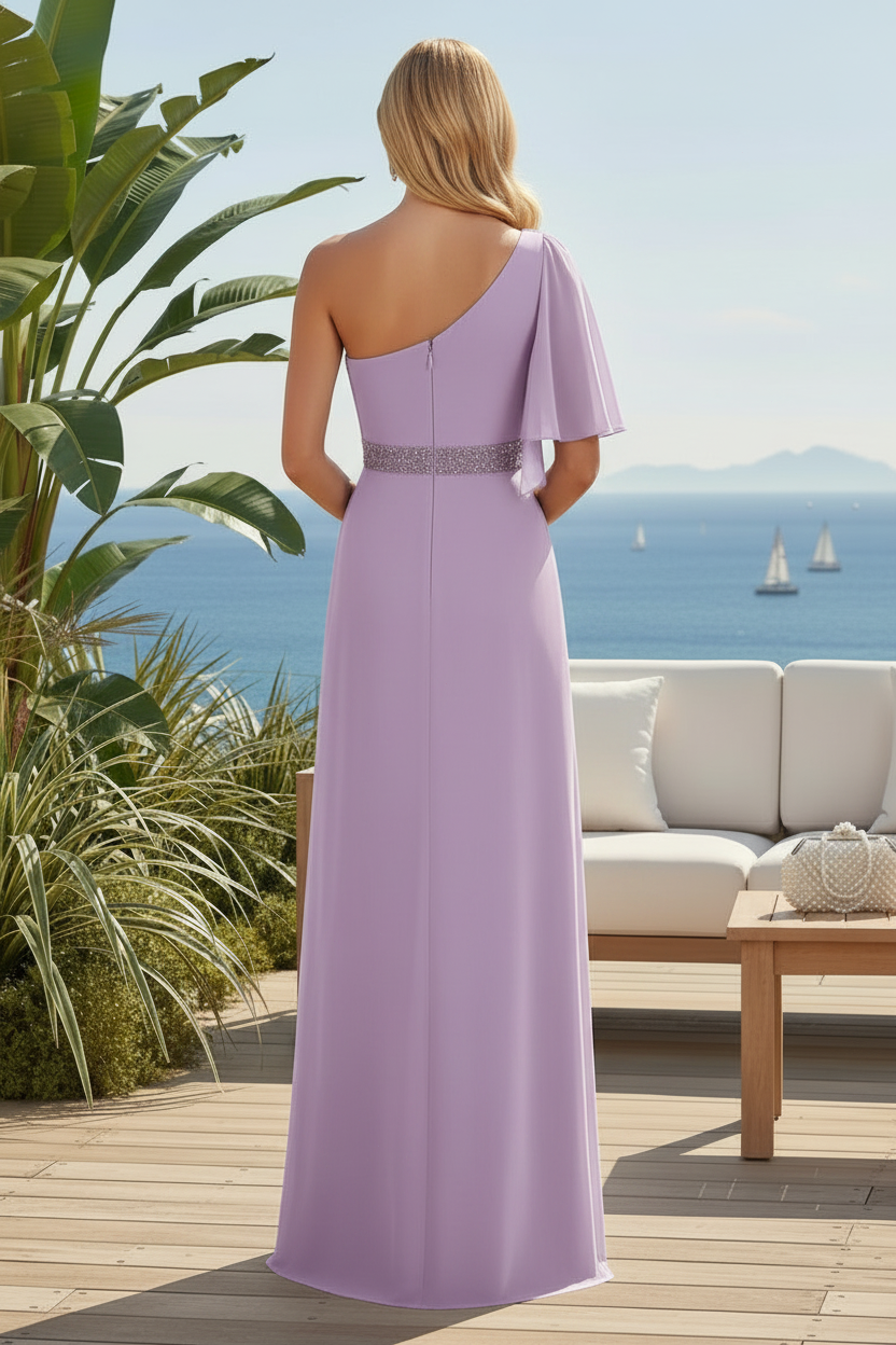 One-Shoulder Beaded Chiffon Evening Gown with Slit