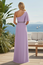 One-Shoulder Beaded Chiffon Evening Gown with Slit