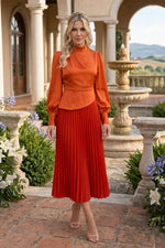 High-Neck Pleated Midi Dress with Bishop Sleeves