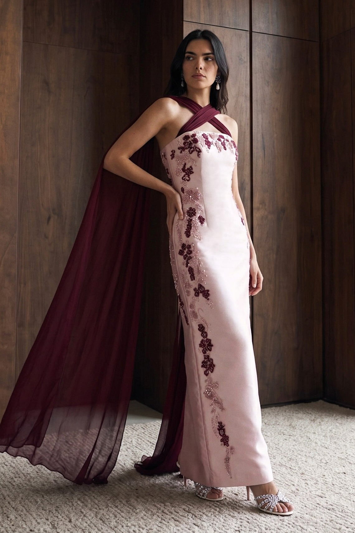 Embroidered Column Gown with Crisscross Cape