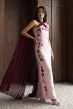 Embroidered Column Gown with Crisscross Cape