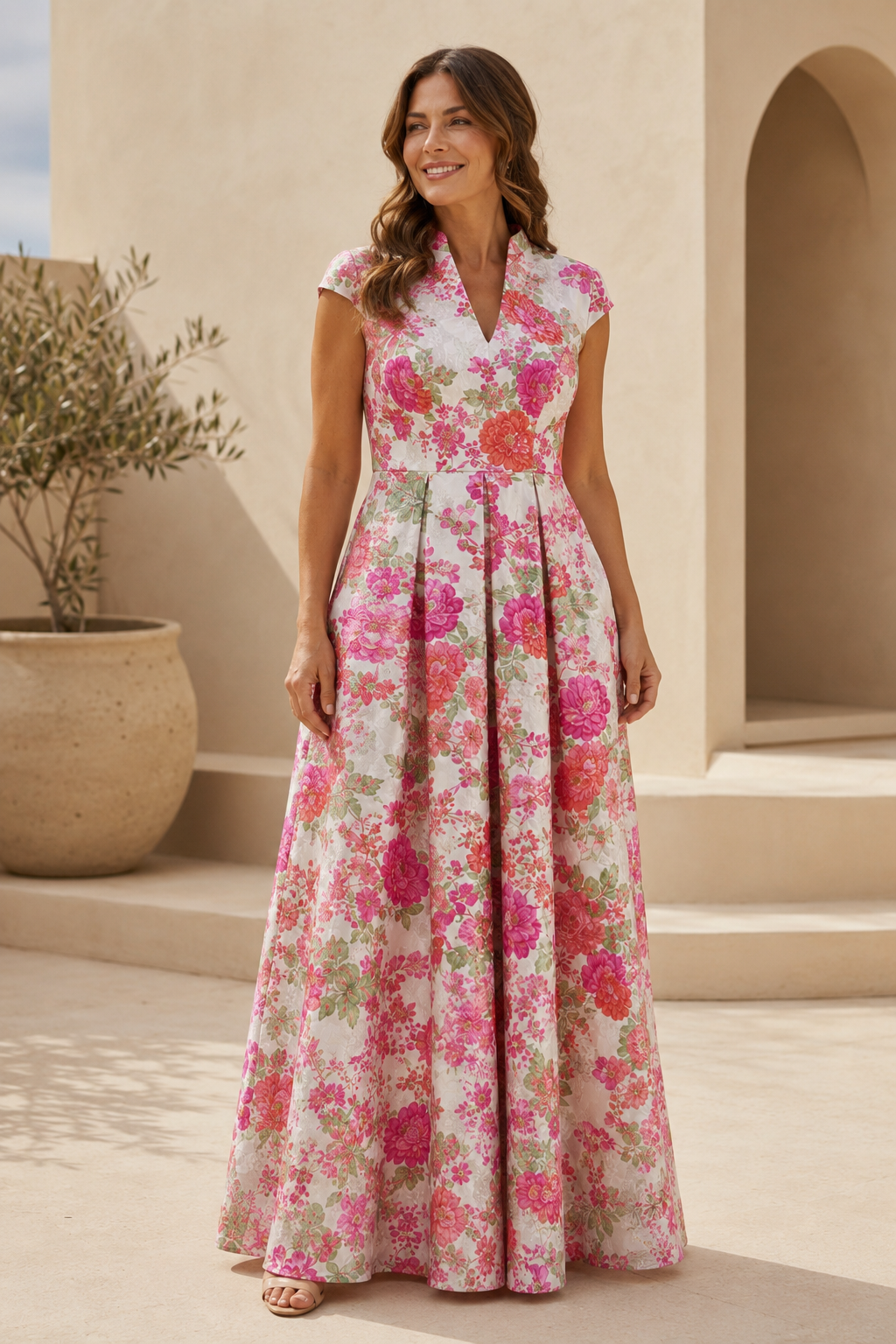 Cap Sleeve Floral Print Pleated Maxi Dress