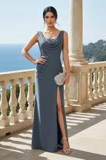 Cowl Neck Applique High Slit Evening Gown