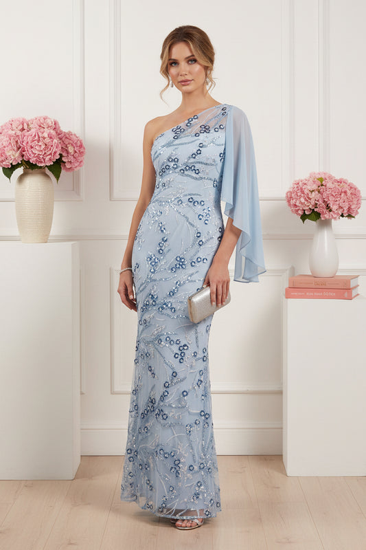 One-Shoulder Embroidered Sequin Gown with Cape