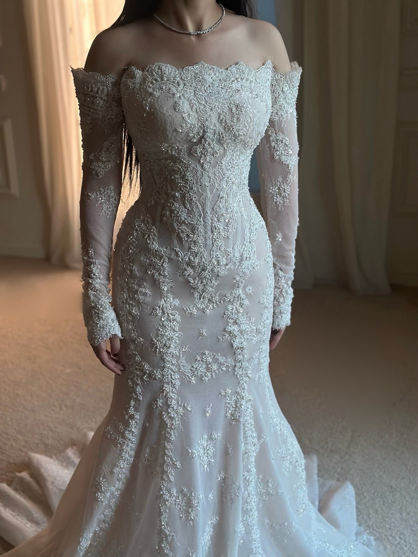 Off-Shoulder Lace Mermaid Wedding Dress with Overskirt