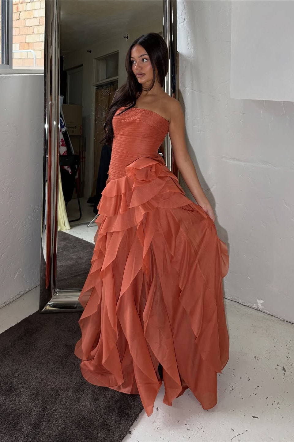 Strapless Ruched Organza Gown with Cascading Ruffles