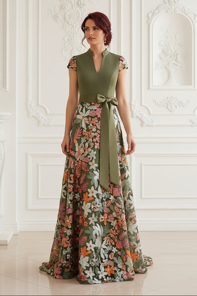 A-Line Embroidered Floral Evening Gown with Bow Sash
