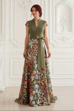 A-Line Embroidered Floral Evening Gown with Bow Sash