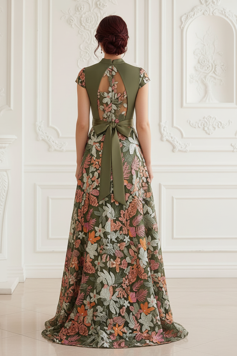 A-Line Embroidered Floral Evening Gown with Bow Sash