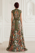 A-Line Embroidered Floral Evening Gown with Bow Sash