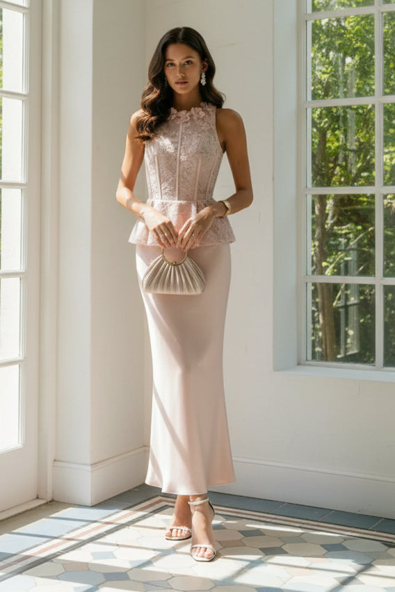 Lace Peplum Satin Evening Gown