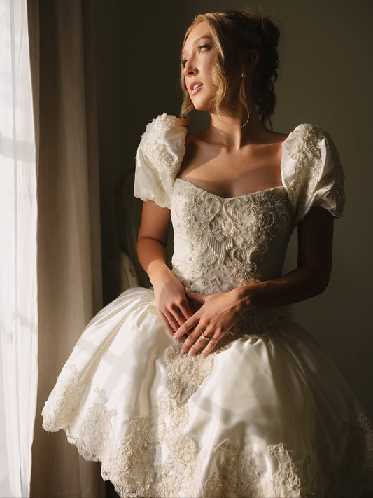 Puff Sleeve Bubble Skirt Mini Bridal Dress