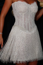 Strapless Corset Lace Mini Dress with Fringe Skirt
