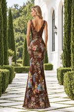 Floral Print Satin V-Neck Gown with Ruched Waist