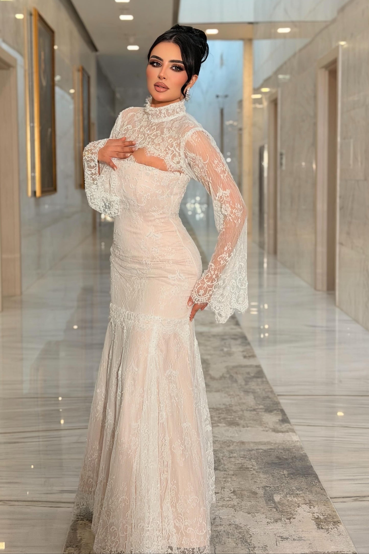 High-Neck Lace Trumpet Gown with Long Flare Sleeves