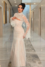 High-Neck Lace Trumpet Gown with Long Flare Sleeves
