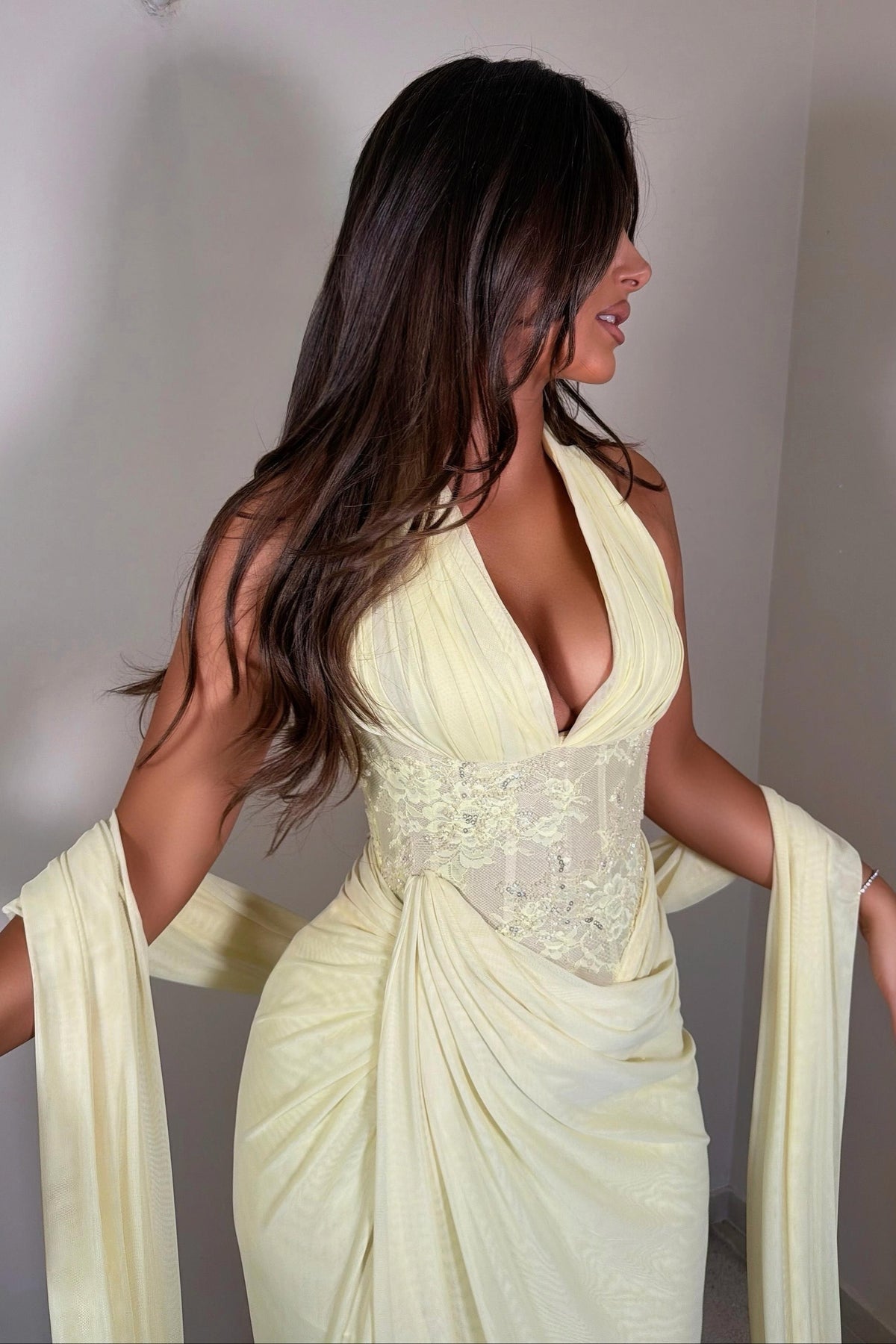 Halter Corset Gown with Draped Slit Skirt