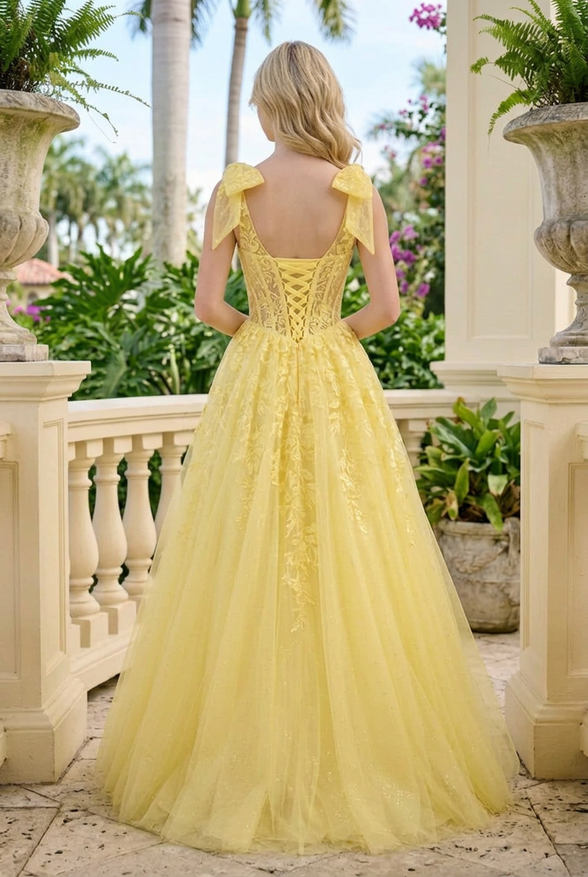 Corset Lace Ball Gown with Tie Shoulder Straps