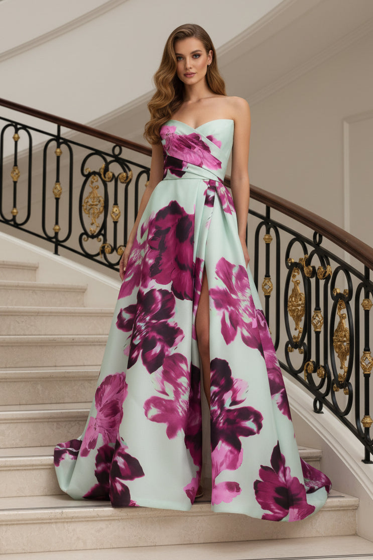 Strapless Floral Jacquard Ball Gown with Slit