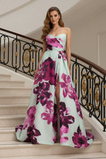 Strapless Floral Jacquard Ball Gown with Slit