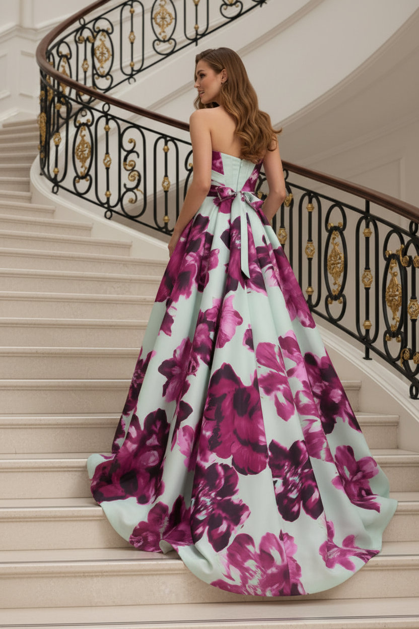 Strapless Floral Jacquard Ball Gown with Slit