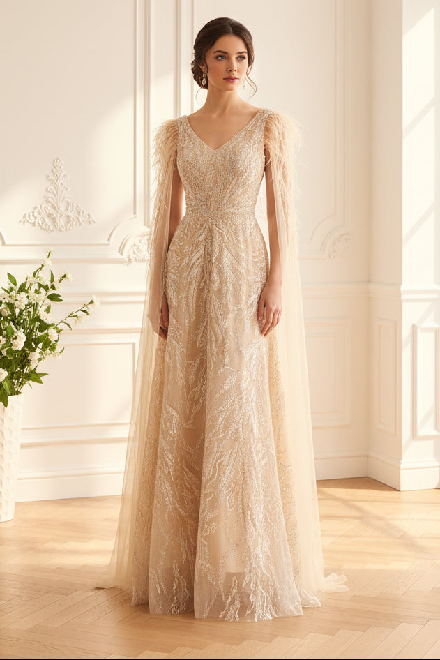 Beaded A-Line Gown with Feather Cape Sleeves