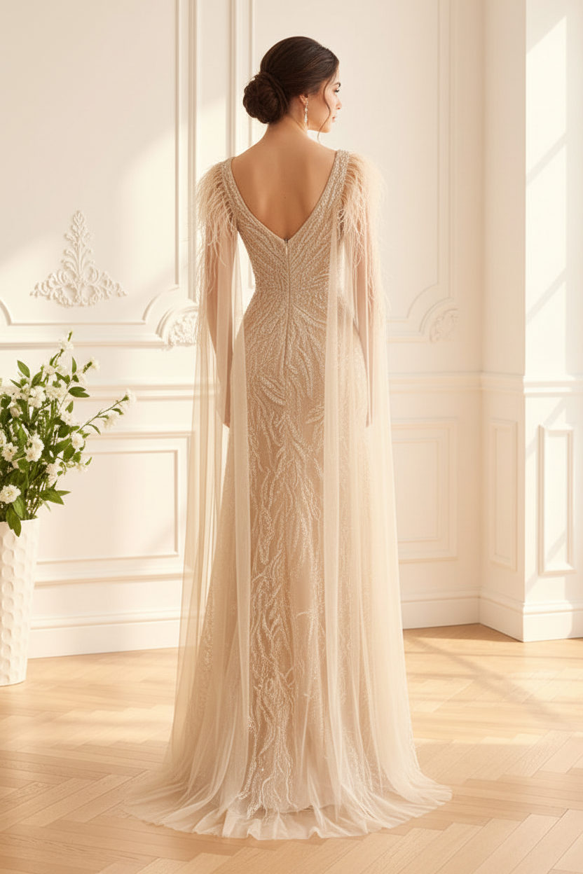 Beaded A-Line Gown with Feather Cape Sleeves