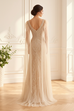 Beaded A-Line Gown with Feather Cape Sleeves