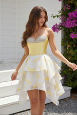 Strapless Corset Dress with Dragonfly Print Tiered Skirt