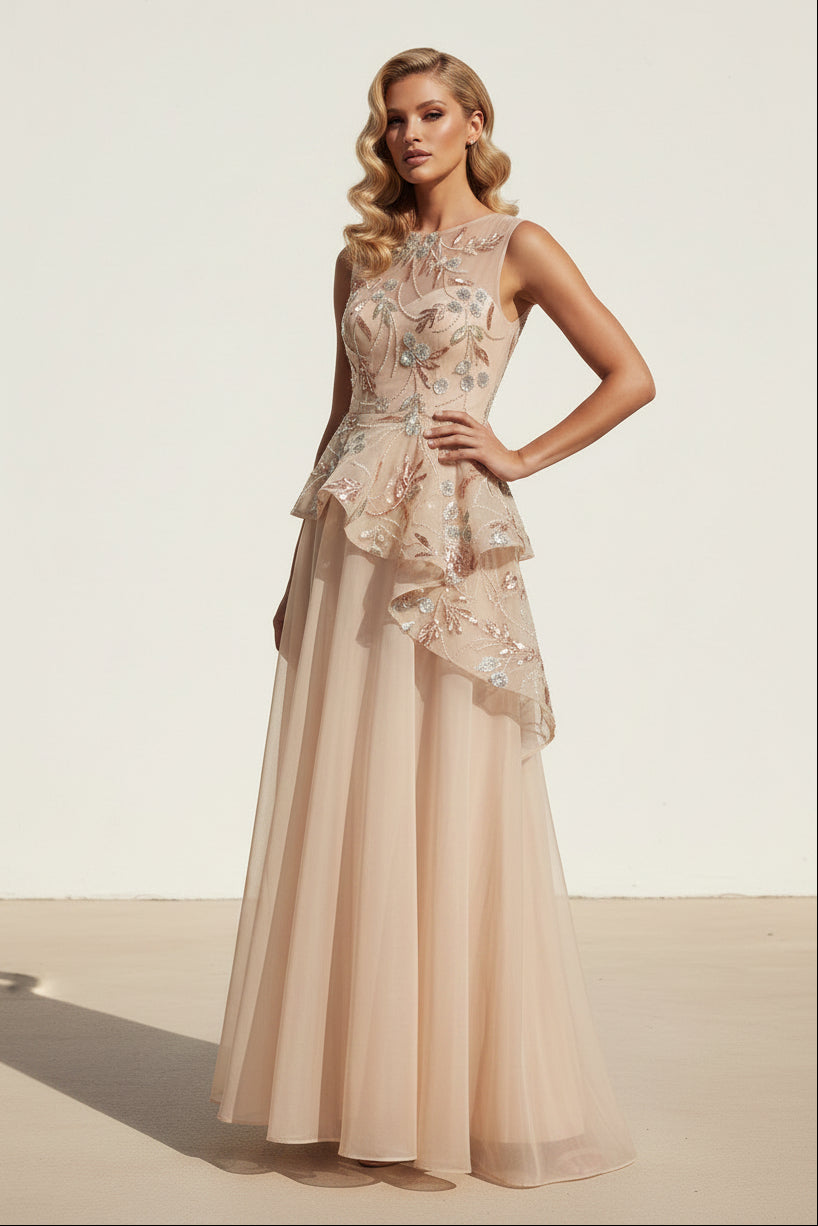 Illusion Beaded Peplum A-Line Evening Gown