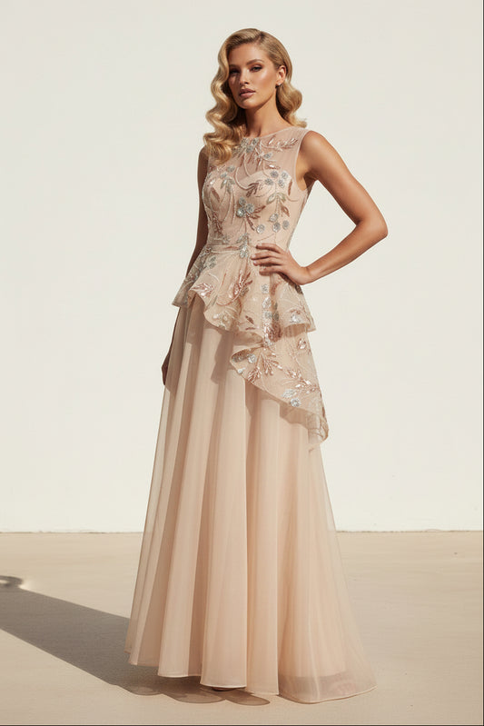 Illusion Beaded Peplum A-Line Evening Gown