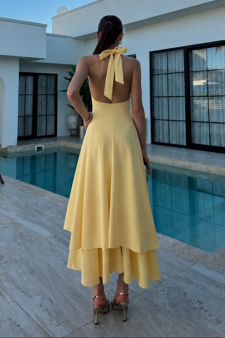 Deep V-Neck Halter Backless Tiered Midi Dress