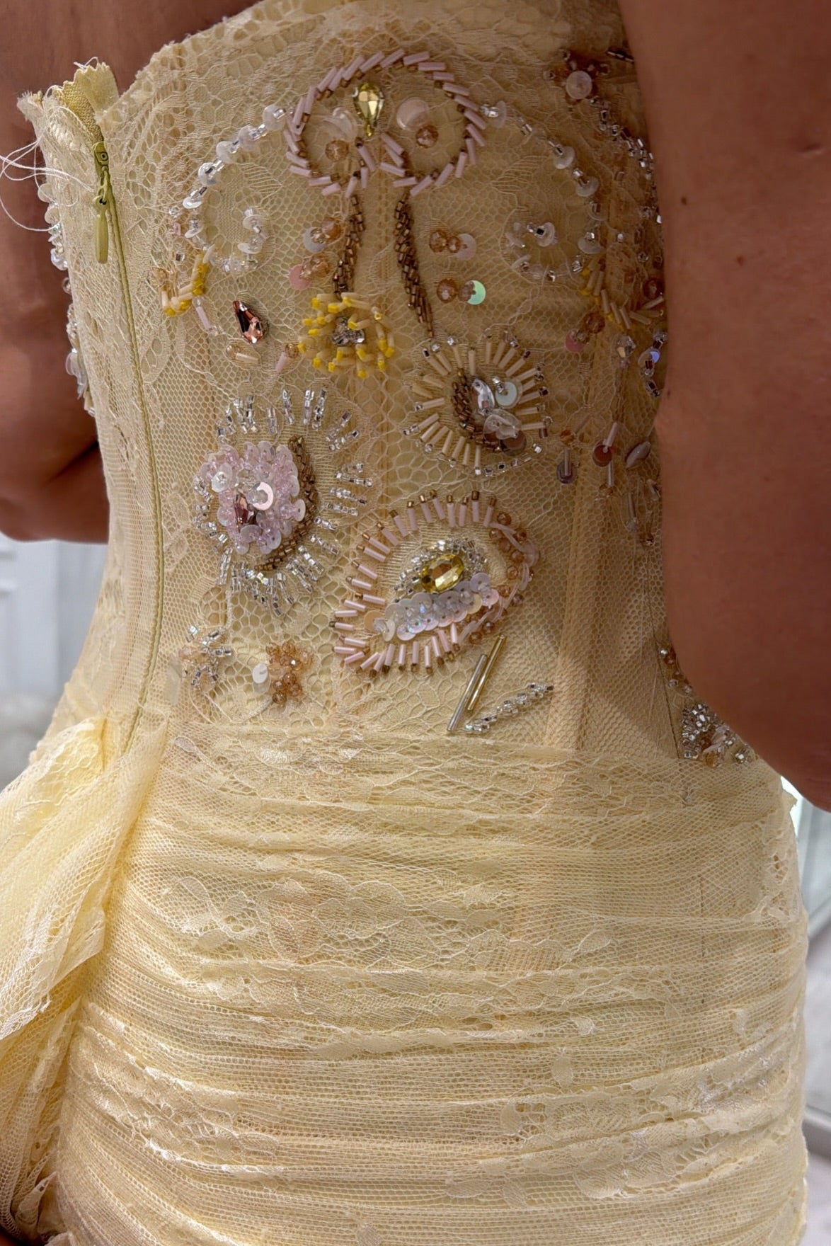 Strapless Beaded Lace Corset Gown with Slit