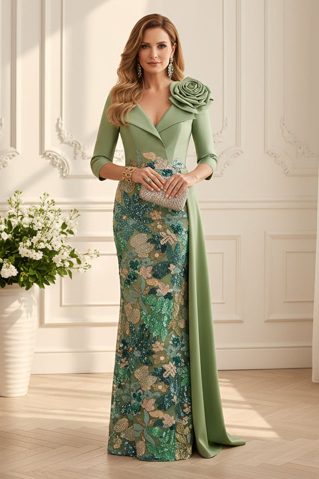 Floral Sequin Column Gown with Drape